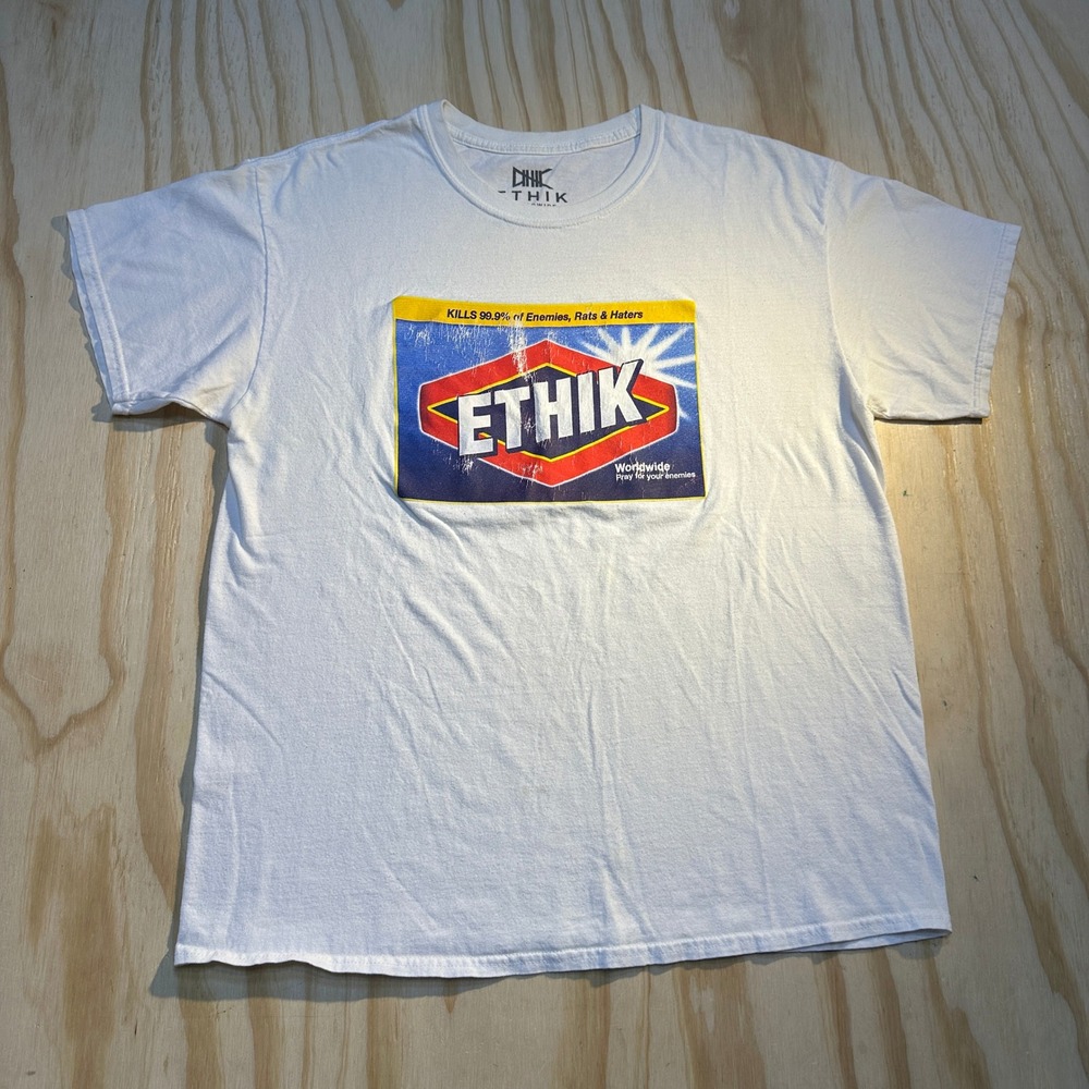 Ethik Worldwide Mens Large White Graphic T-Shirt Cleaning Label Parody Skater
